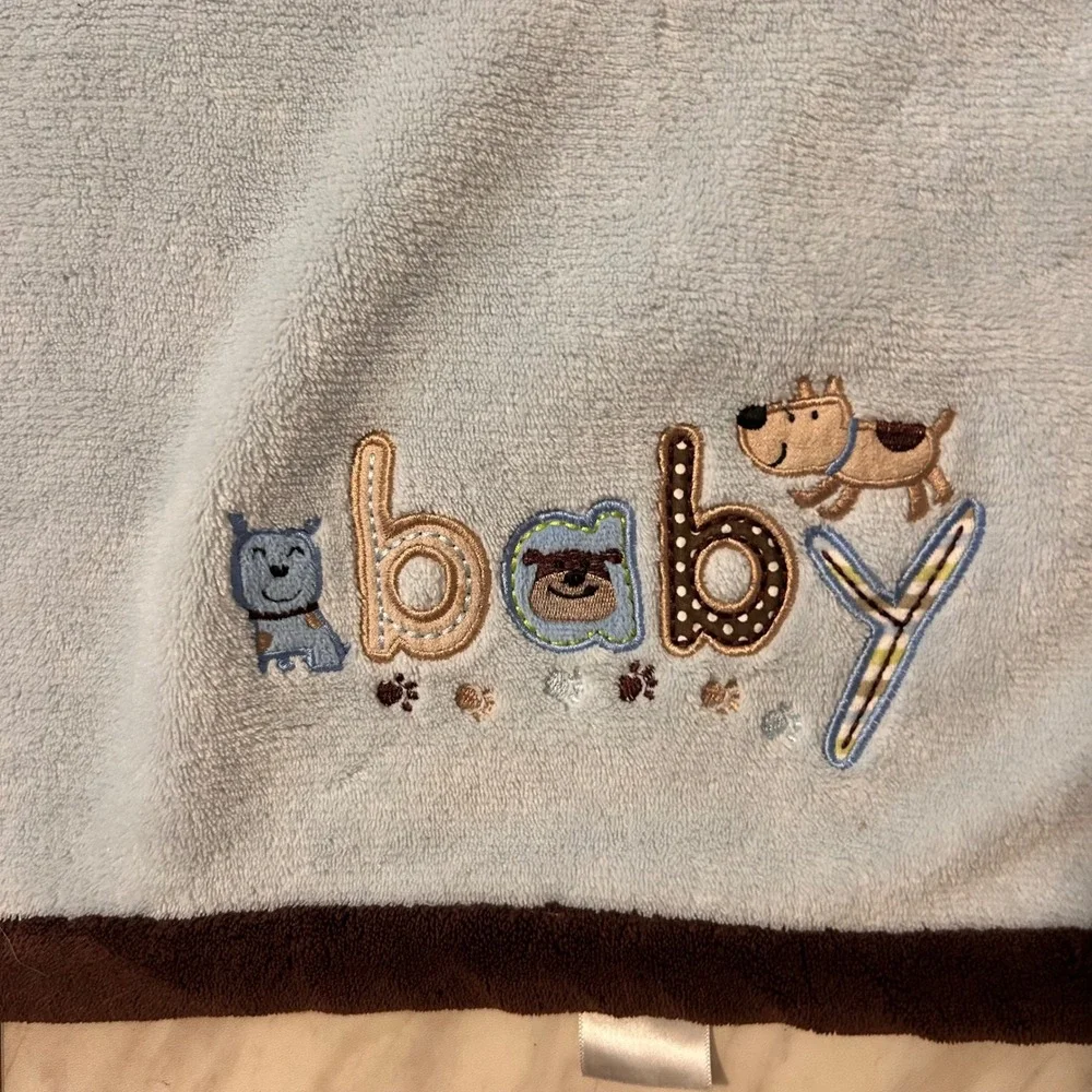 Carters Baby Blanket Light Blue Brown Puppy Dog Embroidered Fleece 30x39 Nursery